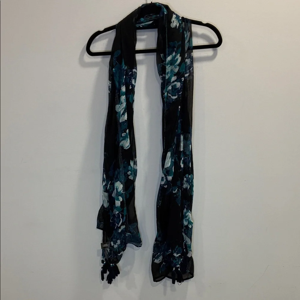 Tassel Floral Black and Teal Scarf